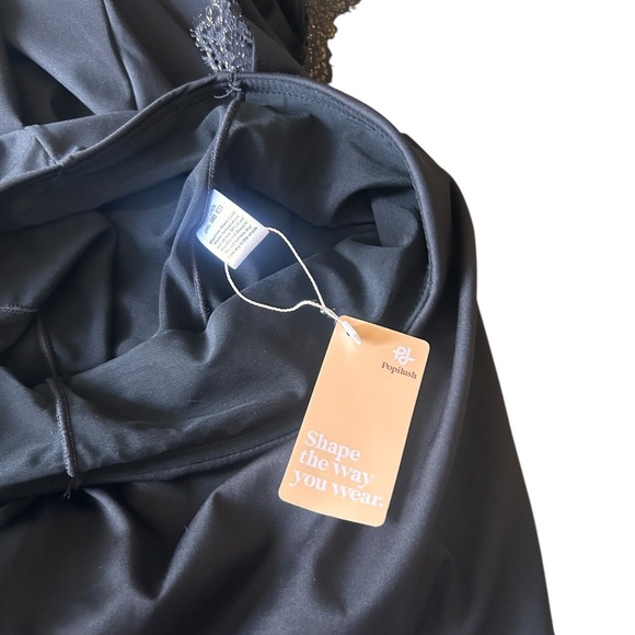 Popilush Black Lace Trim Ruched High Slit Shapewear Midi Skirt Built-in Shorts - Picture 6 of 6